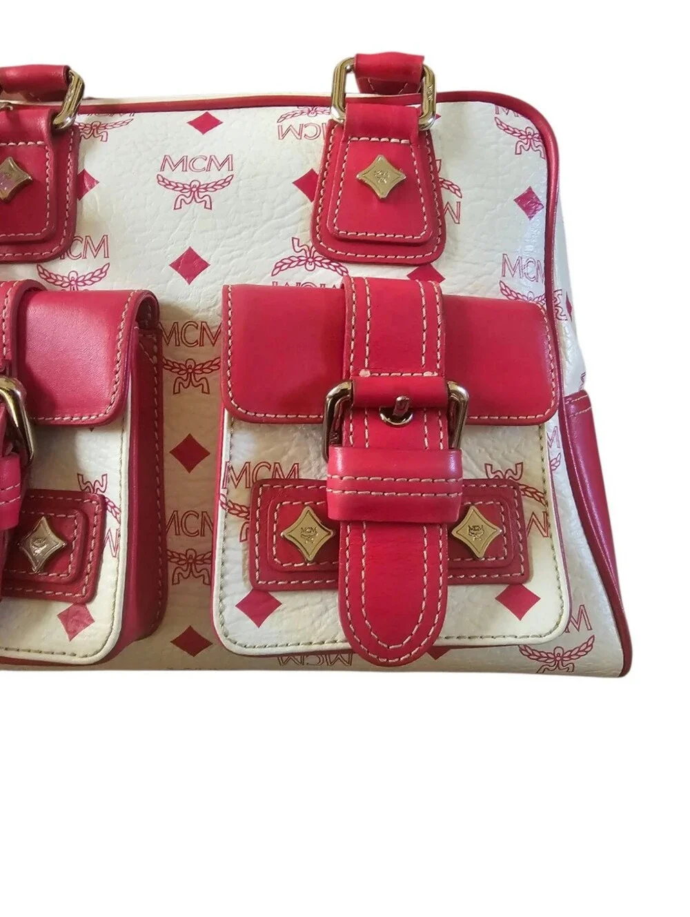 MCM Visetos Monogram Leather Pocket Boston Bag - Pink And White
